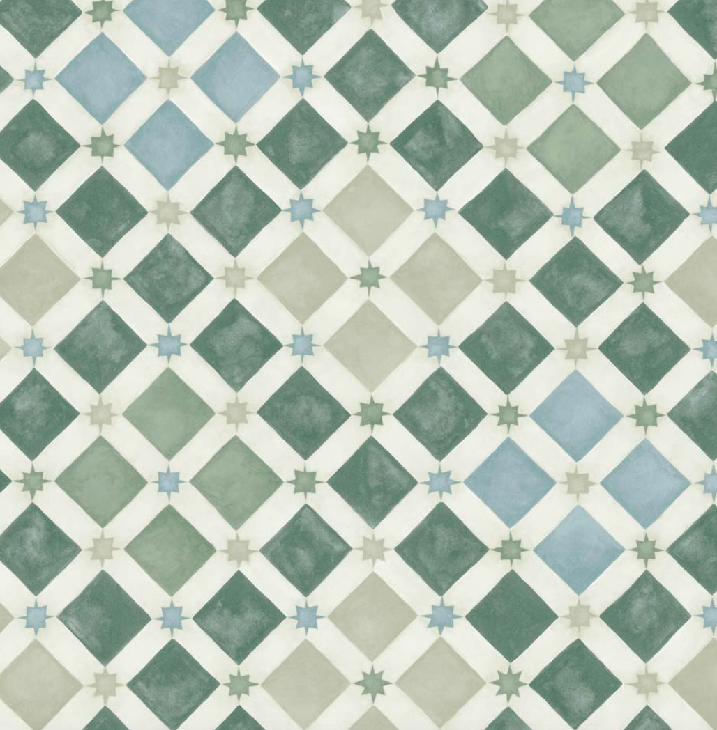 The Cole & Son 'Zellige' tile wallpaper in green from the Martyn Lawrence Bullard collection